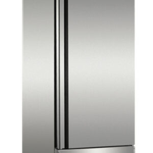 A front photograph of a tall, stainless steel reach-in refrigerator.