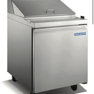 A photograph of the front of the one-door stainless steel top sandwich and salad prep table.