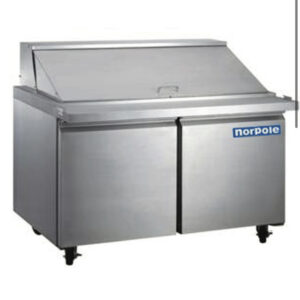 A front photograph of the two-door 48” stainless steel mega top sandwich and salad prep table.