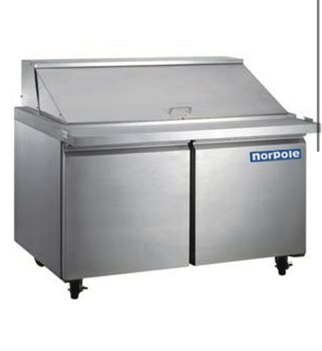 A front photograph of the two-door 48” stainless steel mega top sandwich and salad prep table.