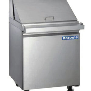 A photograph of the front of the 1-door stainless steel mega top sandwich and salad prep table.