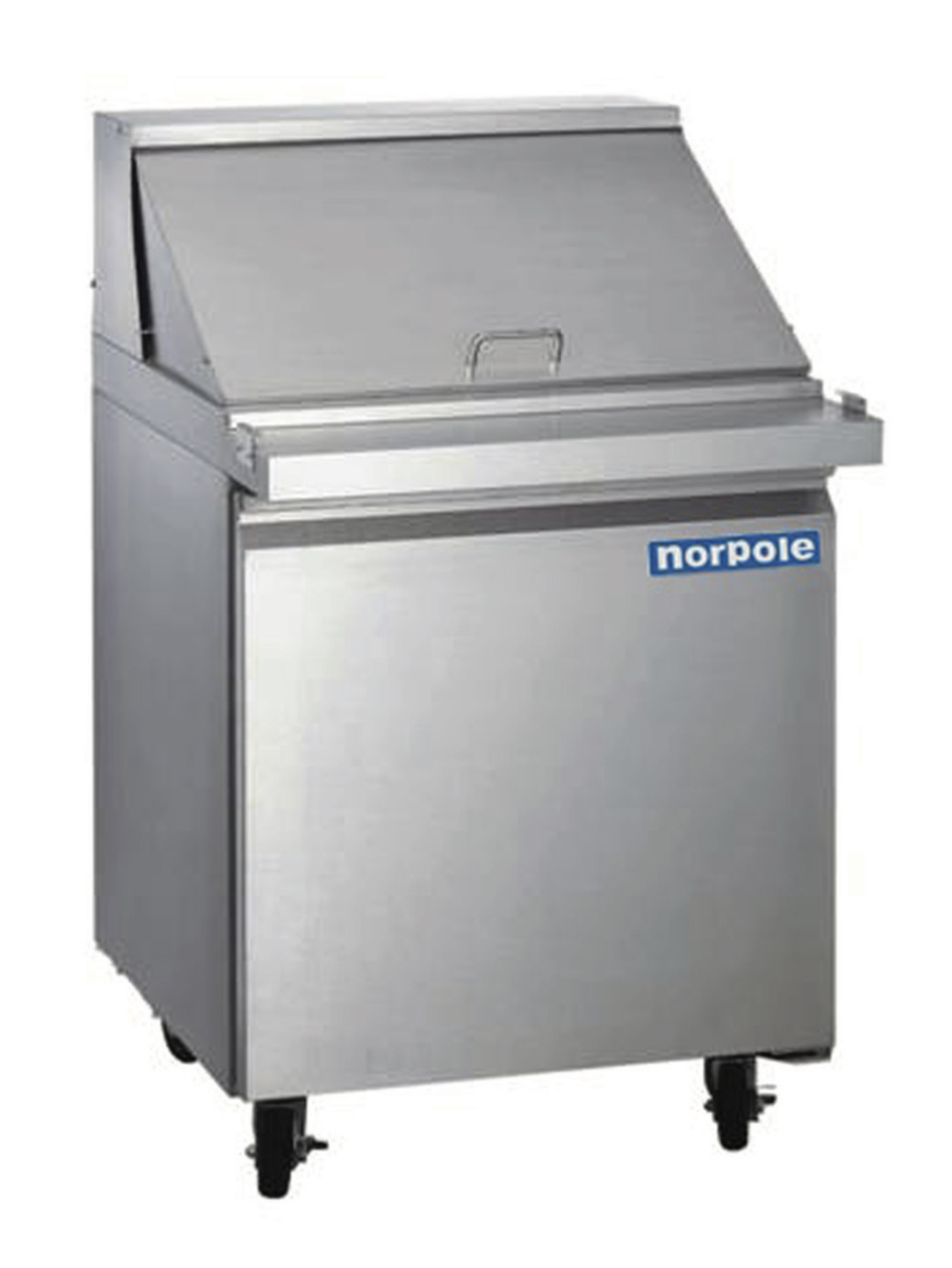 A photograph of the front of the 1-door stainless steel mega top sandwich and salad prep table.